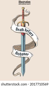 medieval colored sword and tape with bold border in cartoon style