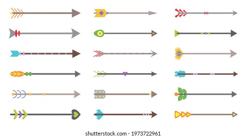 Medieval colorful arrows bow vector color flat. Fantasy weapons for menu, notebook. Hipster arrow with feathers in different styles for clothing. Hitting the target.