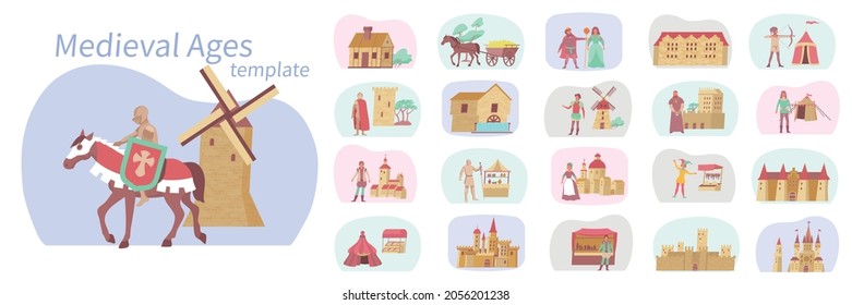 Medieval compositions flat set of isolated historical buildings and horse carriages with knight characters and castles vector illustration