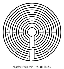 Medieval concentric labyrinth with four axis and single path. Known as Chartres pattern, appearing in manuscripts as early as the 9th century. Path starting at the bottom entrance to the center area.