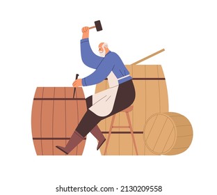 Medieval cooper assembling wood barrels, casks with tolls, hammer and chisel. Old artisan working with wooden buckets. Profession of Middle ages. Flat vector illustration isolated on white background