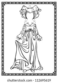 Medieval costume. Burgundian fashion.  See other vintage outfits and doll in my portfolio. coloring book