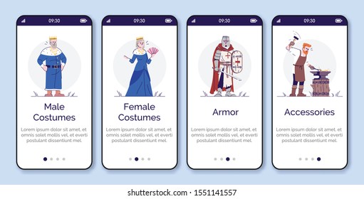 Medieval costumes, armor, accessories onboarding mobile app page screen vector template. Walkthrough website steps with flat cartoon characters. UX, UI, GUI smartphone cartoon interface concept