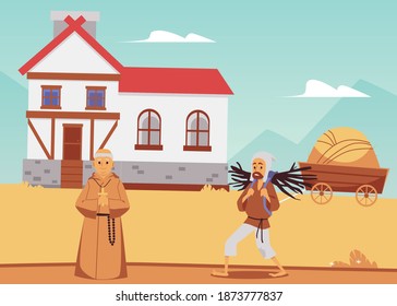 Medieval countryside background with windmill, peasant and priest, flat vector illustration. Historical scenery background of medieval ages village life.