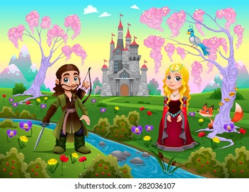 Medieval couple in a landscape with castle. Cartoon vector illustration