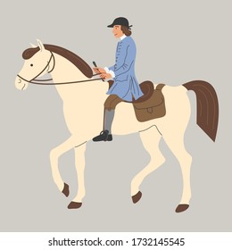 medieval courier on a horse. A jockey on a horse with a bag. Vector flat illustration.