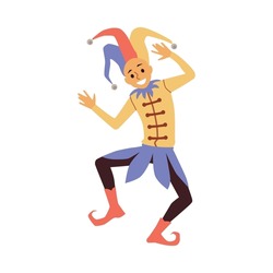 Medieval Court Jester In Clownish Costume. Ancient Clown Or Joker In Hat With Bells Standing In Funny Pose For Entertainment, Joke Or Prank. Vector Isolated Illustration.