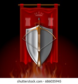Medieval crossbow and shield on red banner.