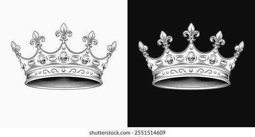 Medieval crown with gemstones, fleur de lis sign on points. Black and white illustration. Vintage style.