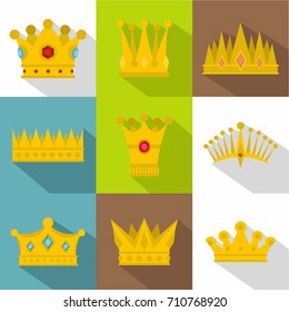 Medieval crown icon set. Flat style set of 9 medieval crown vector icons for web design
