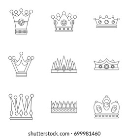 Medieval crown icon set. Outline set of 9 medieval crown vector icons for web isolated on white background