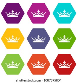 Medieval crown icons 9 set coloful isolated on white for web