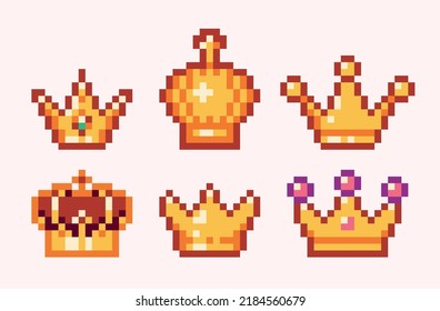 Medieval crown pixel art set. Golden diadem, luxury tiara collection.  8 bit sprite. Game development, mobile app.  Isolated vector illustration.