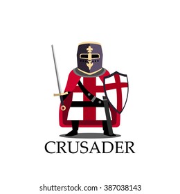 Medieval crusader knight, preparing for joust or fight sign. Vector Illustration. Cartoon logo design template Isolated on a white background.