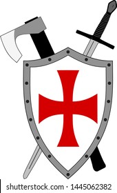 medieval crusader shield with a sword and ax