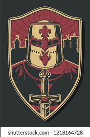 Medieval Crusader, Sword, Shield, Castle Silhouette