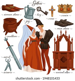 Medieval culture, gothic couple wearing traditional clothes. Isolated man and woman pair, cauldron and crown, key and shoes, scissors and sword, revival altar wooden throne. Vector in flat style