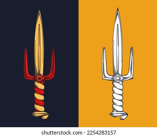 Medieval dagger. Engraving drawing technique. Vintage illustration. Vector design elements