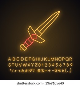 Medieval dagger neon light icon. Double edged small pointed knife. Weapon for medieval knight. Personal protection.Glowing sign with alphabet, numbers and symbols. Vector isolated illustration