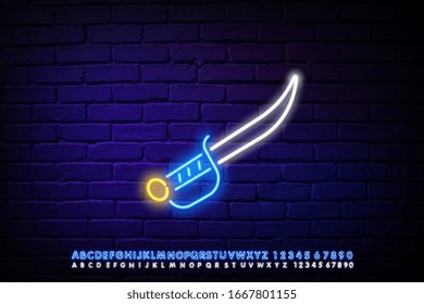 Medieval dagger neon light icon. Double edged small pointed knife. Weapon for medieval knight. Personal protection.Glowing sign with alphabet, numbers and symbols. Vector isolated illustration