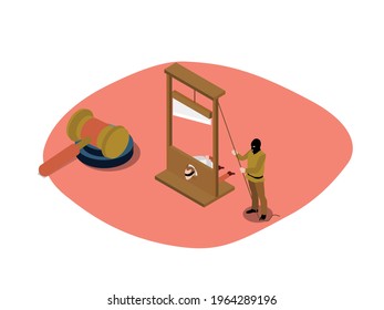 Medieval death penalty vector concept. Medieval executioner using a guillotine to executing prisoner