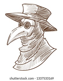 Medieval death symbol plague doctor mask isolated sketch crown neck goggles or glasses hat and hood ancient surgeon head portrait drawing disease and illness evil mascot masquerade or Halloween