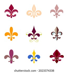 Medieval decorations. Medieval and romantic fleur de lis ornaments set. Lis flower heraldic, royalty, armory and chivalry motifs. Blazon emblems. Antique flourishes. Ancient castle decorations.