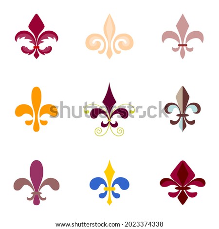 Medieval decorations. Medieval and romantic fleur de lis ornaments set. Lis flower heraldic, royalty, armory and chivalry motifs. Blazon emblems. Antique flourishes. Ancient castle decorations.
