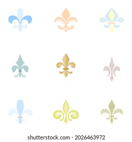 Medieval decorations. Wedding and romantic fleur de lis ornaments set. Lis flower heraldic, royalty, armory and french motif collection. Antique flourishes. Castle and shield decorations.