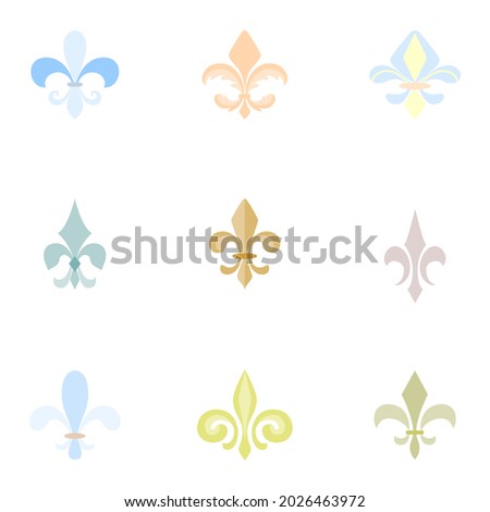 Medieval decorations. Wedding and romantic fleur de lis ornaments set. Lis flower heraldic, royalty, armory and french motif collection. Antique flourishes. Castle and shield decorations.