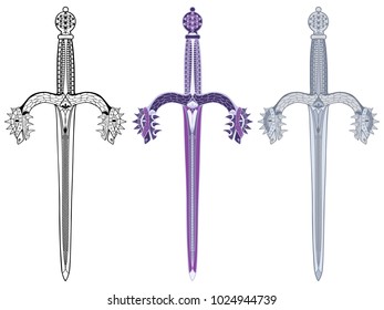 Medieval decorative dagger with dragon heads. Anti stress coloring book or tattoo. Vector illustration.