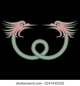 Medieval decorative element with fantastic dragons. Symmetrical vintage design. On black background.