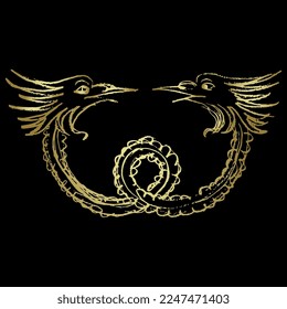 Medieval decorative element with fantastic dragons. Symmetrical vintage design. Hand drawn linear doodle rough sketch. Golden silhouette on black background.