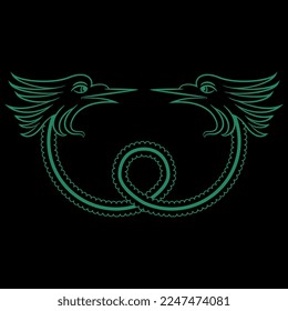 Medieval decorative element with fantastic dragons. Symmetrical vintage design. Monochrome black and green silhouette.