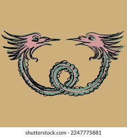 Medieval decorative element with fantastic dragons. Symmetrical vintage design. Hand drawn colorful rough sketch. On yellow background.