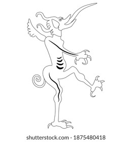 Medieval demon or devil from Christian hell with long protruded tongue. Black and white silhouette.