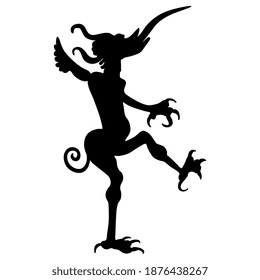 Medieval demon or devil from Christian hell with long protruded tongue. Black silhouette on white background.