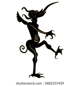 Medieval demon or devil from Christian hell with long protruded tongue. Black and gold silhouette.