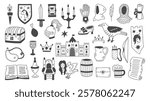 Medieval Design Elements Set. Middle ages and Mediaeval doodles collection. Hand drawn Fantasy Fairy tale castle throne crown knight armor symbols and icons. History items