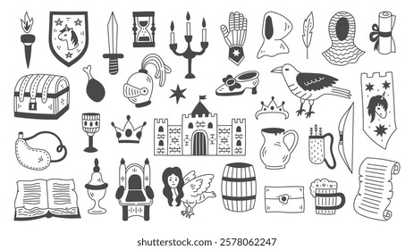 Medieval Design Elements Set. Middle ages and Mediaeval doodles collection. Hand drawn Fantasy Fairy tale castle throne crown knight armor symbols and icons. History items