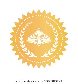 Medieval diadem and laurel branches on gold stamp. Royal warranty sign with crown. Golden seal with luxurious diadem isolated vector illustration.