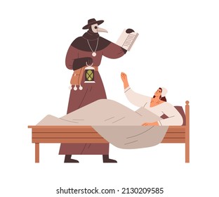 Médico medieval con viejo disfraz de peste curando a una mujer enferma. Moribunda enferma en la cama en Edad Media. Enfermedad antigua, enfermedad y curación. Ilustración vectorial plana aislada en fondo blanco