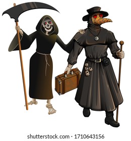 Medieval doctor in protective suit and grim Reaper. Epidemic character cartoon. Vector isolated on white