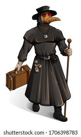 Medieval doctor in protective suit walks with suitcase svg