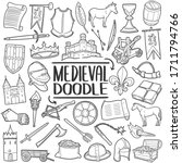 Medieval doodle icon set. Middle Age castle weapons and tools. Vector illustration collection. Hand drawn Line art style.