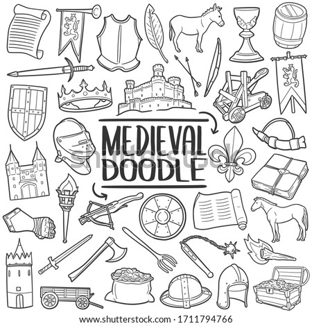 Medieval doodle icon set. Middle Age castle weapons and tools. Vector illustration collection. Hand drawn Line art style.