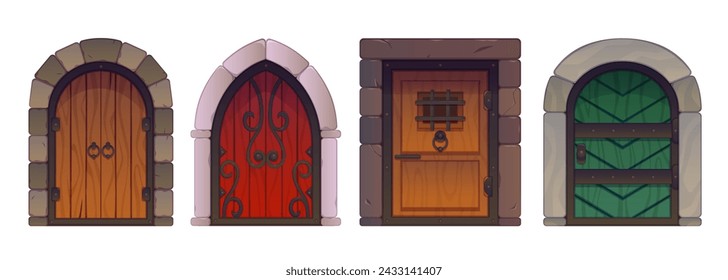 Medieval door to castle or dungeon. Cartoon vector illustration set of arch wooden entrance with stone brick jambs, iron decoration and handle. Old vintage gate or house entrance with wood texture.