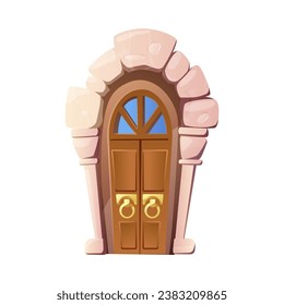 Medieval door to castle. Old vintage entrance from wood, stone and metal hafts. Ancient game front portal, antique entry, dungeon, gateway. Cartoon vector illustration isolated on white