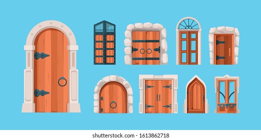 Medieval doors. Ancient wooden and steel doors old building wall mysterious portal vector gates in flat style