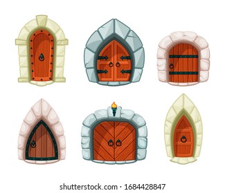 medieval doors. wooden and rocks entrance gate and doors for castle fortress cartoon exit vector symbols